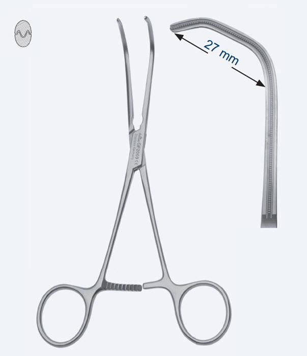 Зажими судинні De Bakey Beck для дит хірургії, зуб De Bakey, вигнуті, довж щелеп 27 мм, з кремал, довжина 170 мм. Бренд - Asanus Medizintechnik Gmb, Німеччина